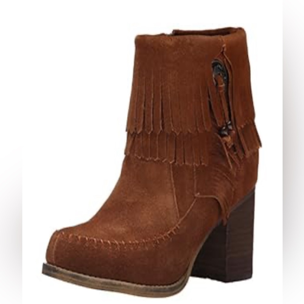 Sbicca Jessa Booties 6.5 Brown ankle boots: fringe, western flare, stack…